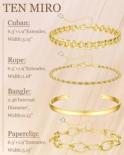 TEN MIRO 16k Chunky Gold Plated Bracelets for Women Non Tarnish, Womens Gold Plated Bracelets Stack Layered Chunky Chain Bracelets Waterproof Bangle Cuff Bracelet Mothers' Day Jewelry Gifts - Image 5
