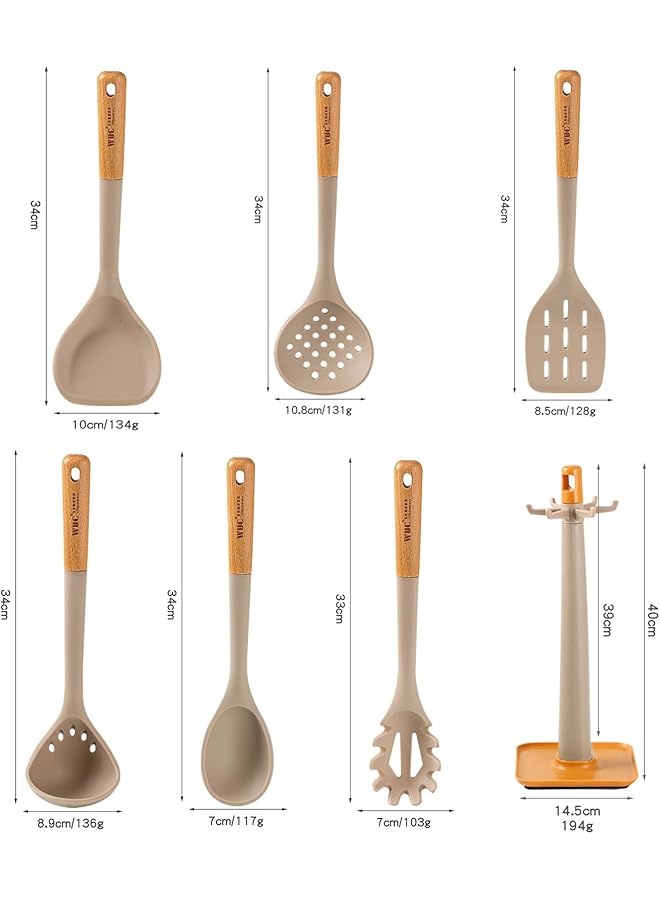 يو-هومي مجموعة أدوات طبخ من السيليكون مكونة من 7 قطع مع حامل للمطبخ، مجموعة أدوات مطبخ مقاومة بمقبض خشبي لأواني الطبخ غير اللاصقة، مجموعة أدوات طبخ، أدوات مطبخ خالية من مادة BPA - Image 2