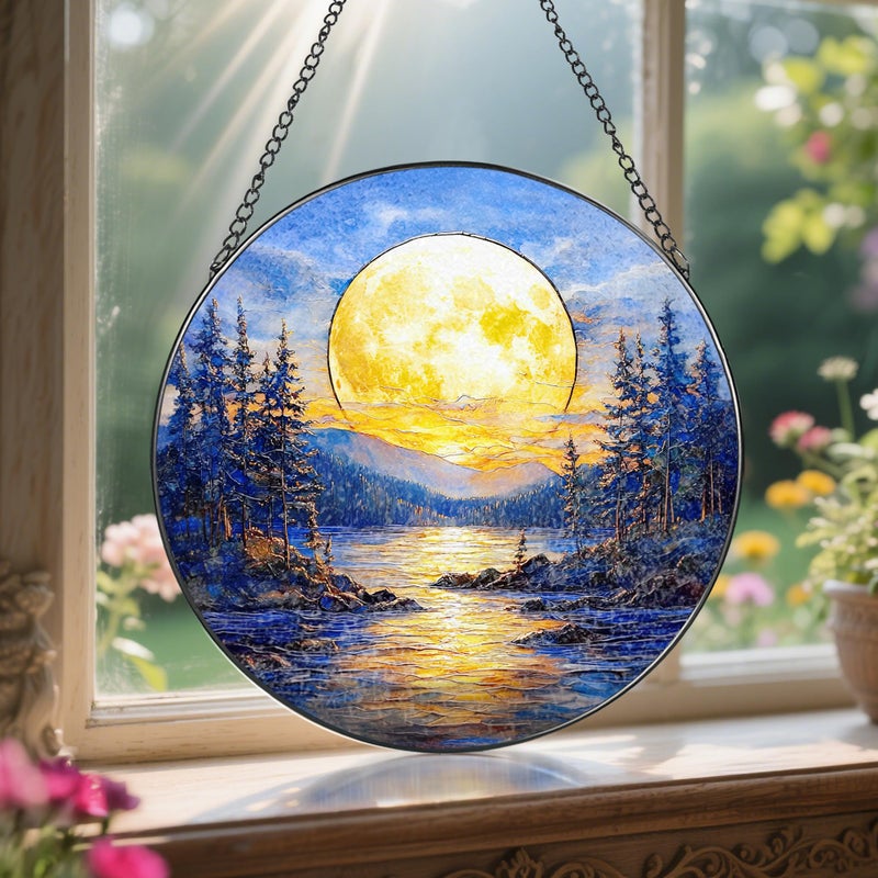LAOWEIKI 8'' Full Moon Over Forest Lake Suncatcher Ornament, Stained Glass Window Hanging, Sun Catchers for Windows Hanging Ornaments, Window Decor | Gifts for Christmas, Birthday, Father's Day - Image 5