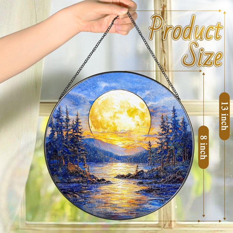 LAOWEIKI 8'' Full Moon Over Forest Lake Suncatcher Ornament, Stained Glass Window Hanging, Sun Catchers for Windows Hanging Ornaments, Window Decor | Gifts for Christmas, Birthday, Father's Day - Image 4