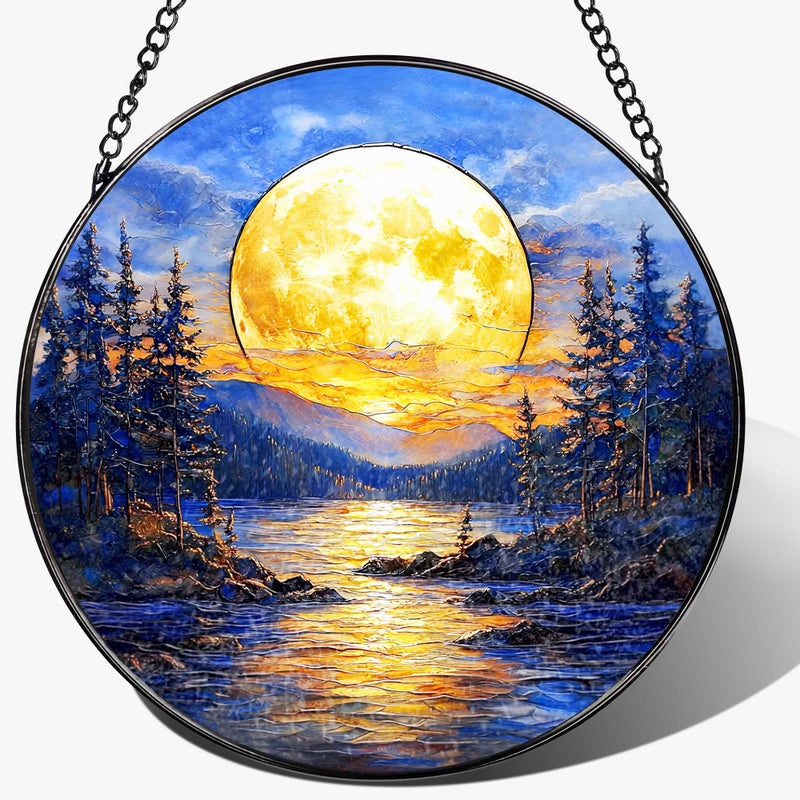LAOWEIKI 8'' Full Moon Over Forest Lake Suncatcher Ornament, Stained Glass Window Hanging, Sun Catchers for Windows Hanging Ornaments, Window Decor | Gifts for Christmas, Birthday, Father's Day - Image 1