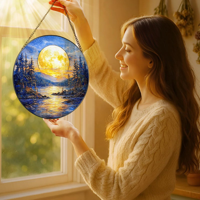 LAOWEIKI 8'' Full Moon Over Forest Lake Suncatcher Ornament, Stained Glass Window Hanging, Sun Catchers for Windows Hanging Ornaments, Window Decor | Gifts for Christmas, Birthday, Father's Day - Image 2