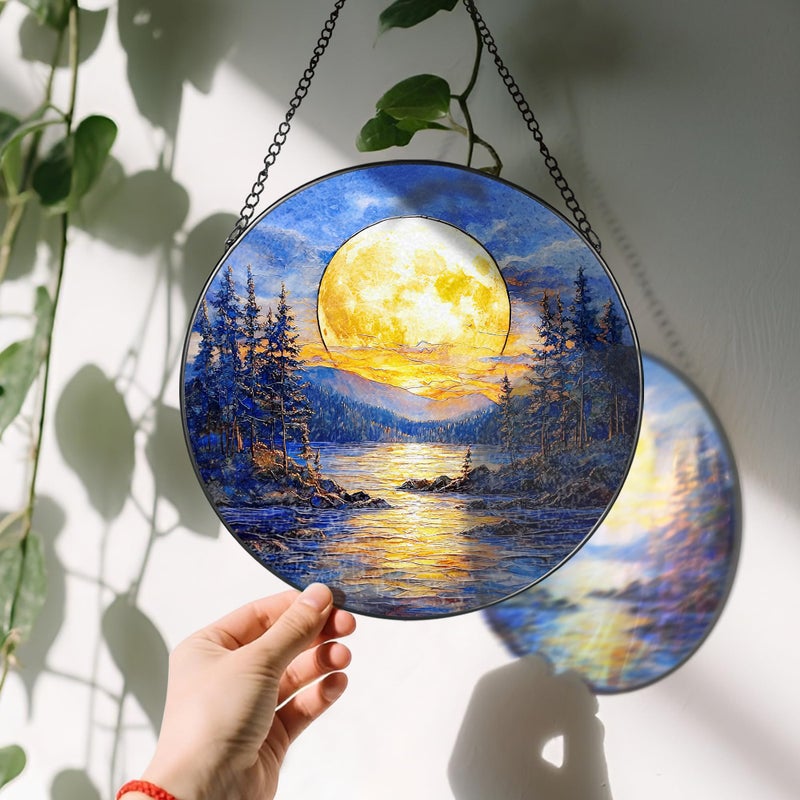 LAOWEIKI 8'' Full Moon Over Forest Lake Suncatcher Ornament, Stained Glass Window Hanging, Sun Catchers for Windows Hanging Ornaments, Window Decor | Gifts for Christmas, Birthday, Father's Day - Image 3