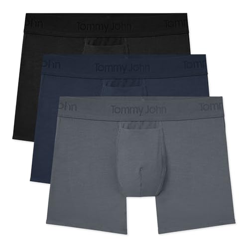 Tommy John Men's Trunk 4” Underwear, Second Skin Boxers with Supportive Contour Pouch, Soft Naturally Breathable Stretch Fabric Boxers for Men, Black/Turbulence/Dress Blues - 3 Pack, Medium - Image 1