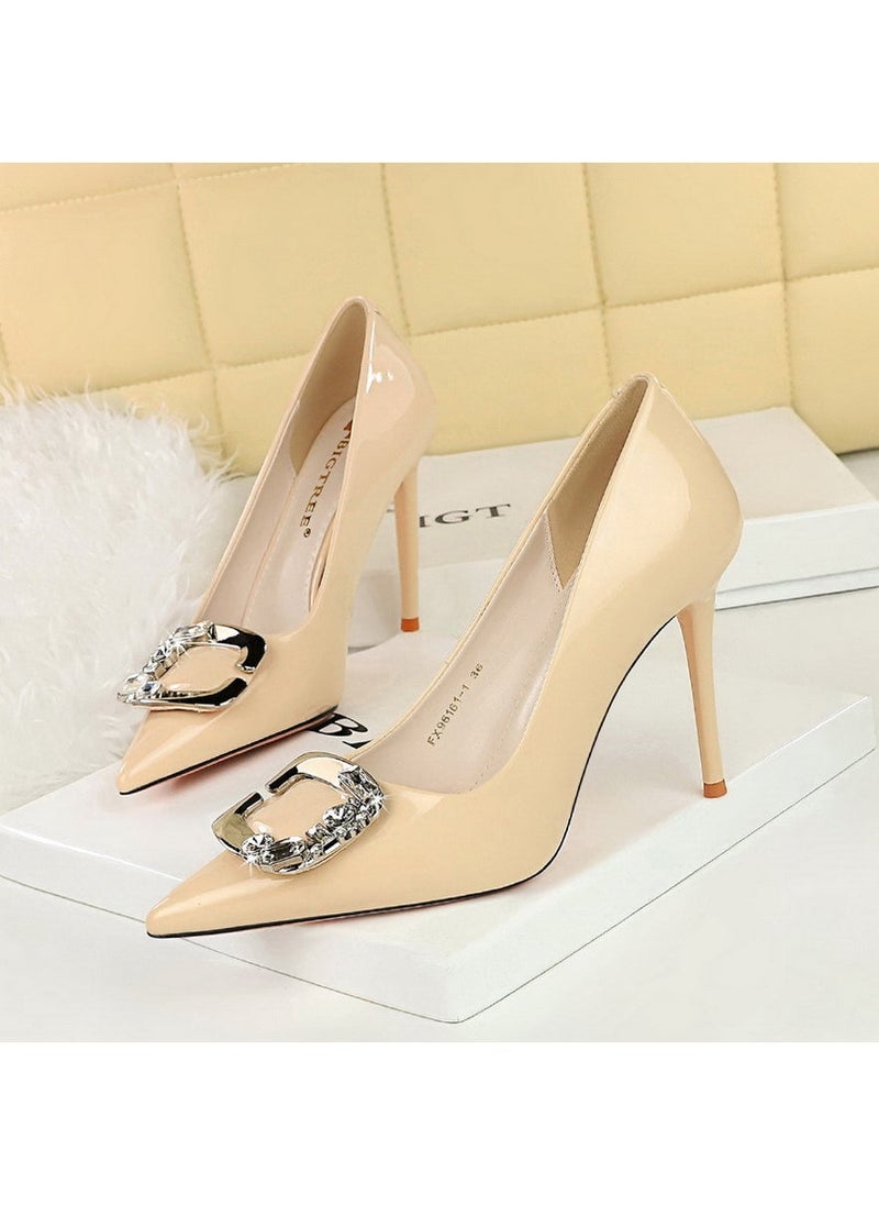 Elegant Rhinestone Buckle High Heels Patent Leather Pumps Creamy-white