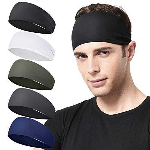 Acozycoo Mens Running Headband,5Pack,Mens Sweatband Sports Headband for Running,Cycling,Basketball,Yoga,Fitness Workout Stretchy Unisex Hairband (Black,White, Green, Dark Gray, Dark Blue) - Image 1