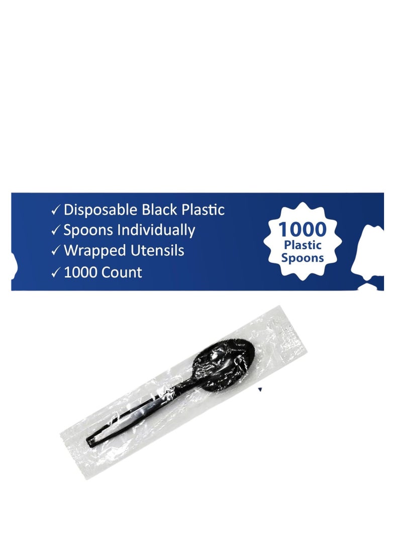 ملاعق بلاستيكية مغلفة بشكل فردي 1000 قطعة ملاعق سوداء ثقيلة الوزن للاستعمال مرة واحدة ملاعق بلاستيكية سوداء قوية ومتينة للشواء والحفلات والمكتب والمطاعم وجميع المناسبات - Image 4