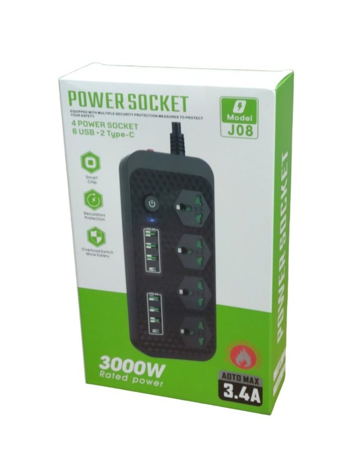 Power Socket J08 on 4 pcs More + 6 USB 3.4A and 2 Type-C - Image 1