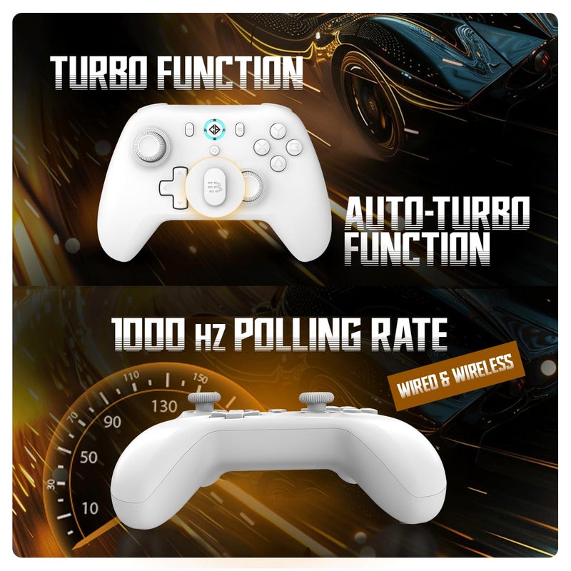 Cosmic Byte وحدة تحكم بلتس اللاسلكية + السلكية لجهاز الكمبيوتر، عصا التحكم وتأثير هول، معدل استجابة 1000 هرتز، اهتزاز قابل للتعديل، توربو وتوربو تلقائي (أبيض) - Image 3