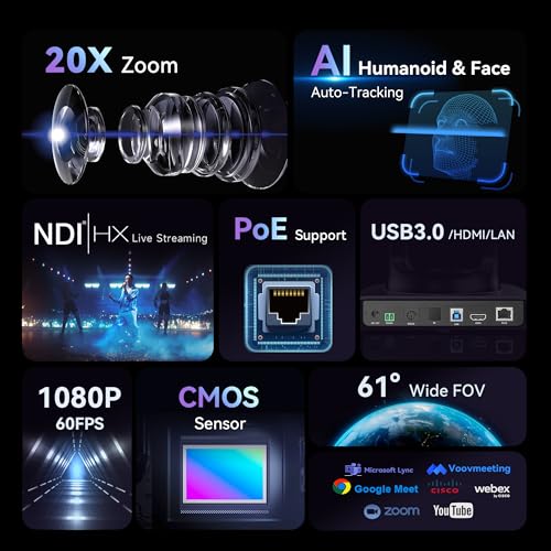 Tenveo NDI PTZ Camera AI Humanoid & Face Auto-Tracking, HDMI/LAN/USB3.0 PoE PTZ Camera 20X Optical Zoom IP Live Streaming, FHD 1080P 60FPS, for Church Services Worship Video Conference Live Streaming - Image 2