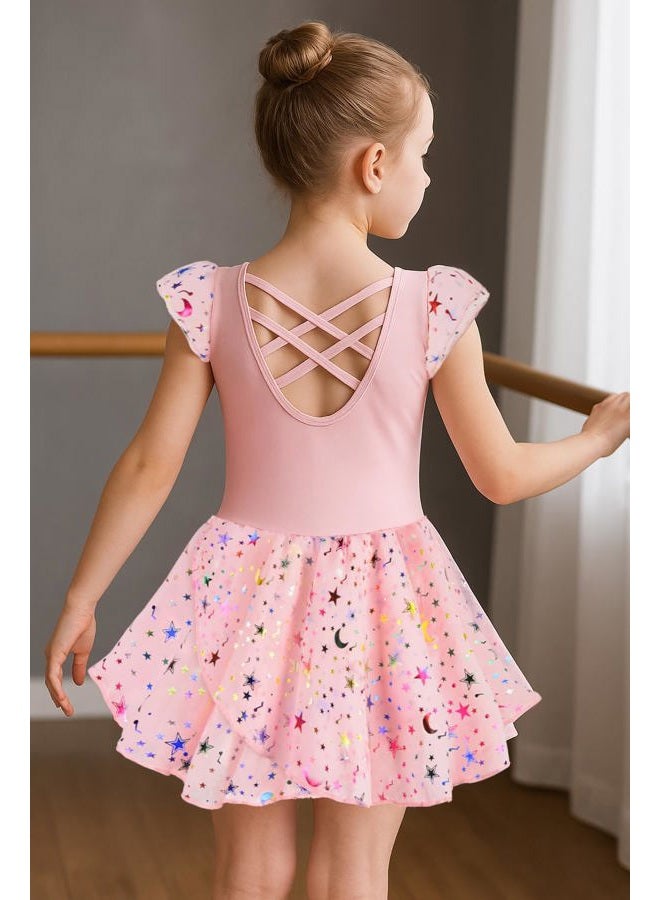 DANSHOW Ballet Leotards for Girls Dance Skirted Leotard Kids Ballet Tutu Dress Toddler Shiny Ruffle Sleeve Dancewear(40431-08-M) - Image 4