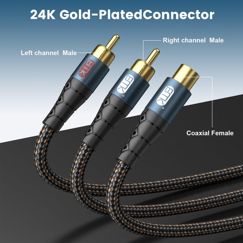 EMK RCA Splitter 2 Male to Female Extension Cable Dual Shielding Gold Plated Nylon Braided RCA Splitter 1 Female to 2 Male Cord Adapter 1ft/30CM - Image 2
