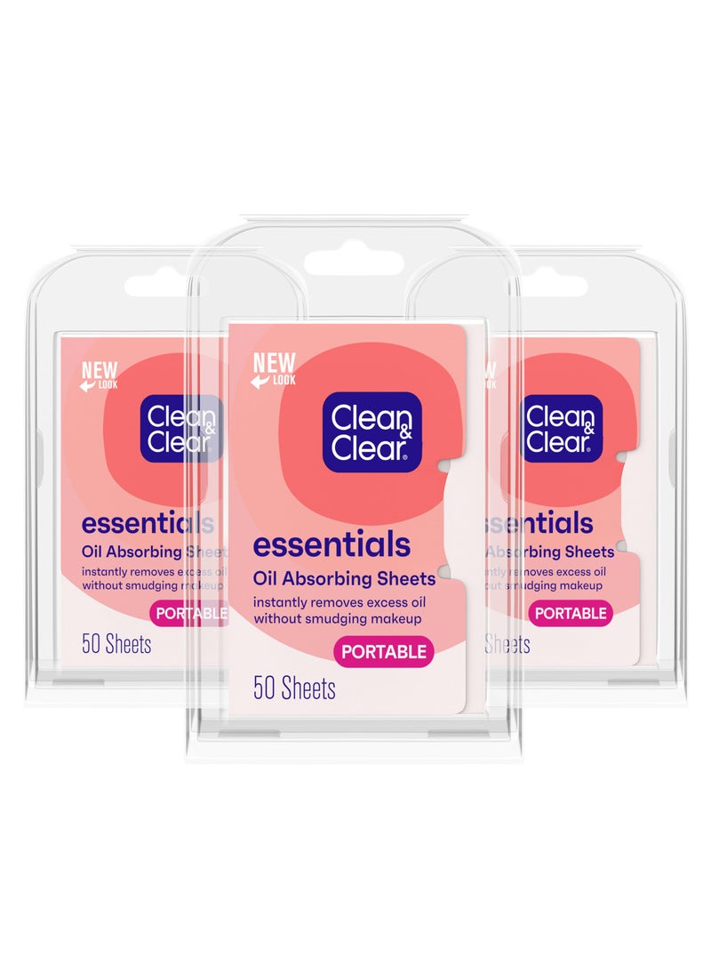 CLEAN & CLEAR Clean & Clear Essentials Oil Absorbing Sheets, Portable Blotting Papers for Shine Control on the Face & Nose, Blotting Sheets Instantly Remove Excess Oil Without Smudging Makeup, 3 Pack 