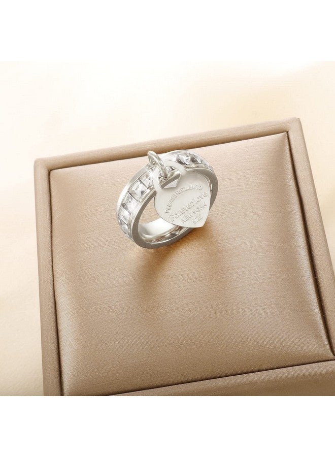 JINHUI Eternity Band Ring For Girlfriend, Forever Love Promise Ring, Cubic Zirconia Wedding Band Engagement Ring With Dangling Heart Charm (Silver, 8) - Image 3