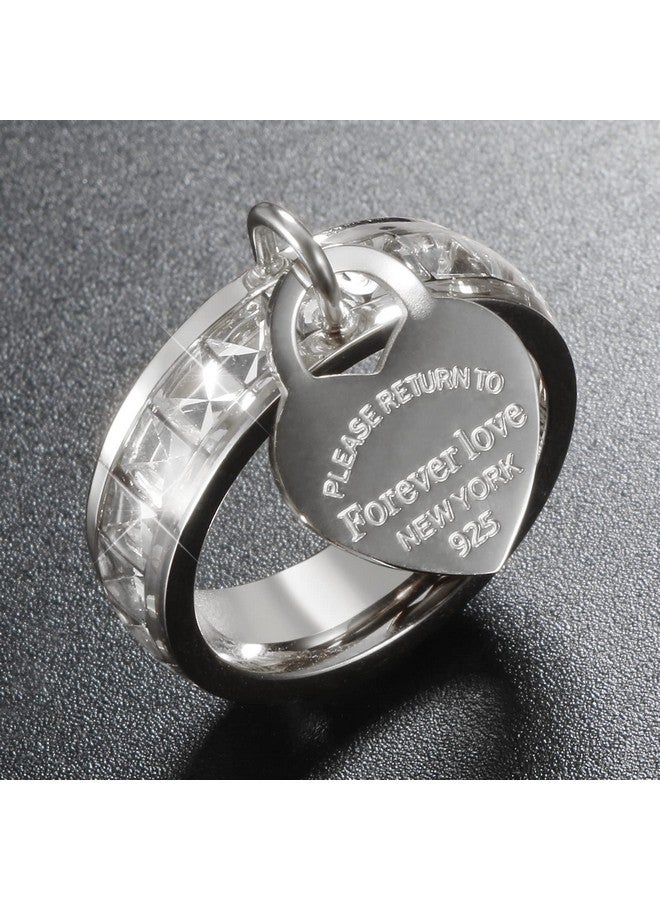 JINHUI Eternity Band Ring For Girlfriend, Forever Love Promise Ring, Cubic Zirconia Wedding Band Engagement Ring With Dangling Heart Charm (Silver, 8) - Image 5