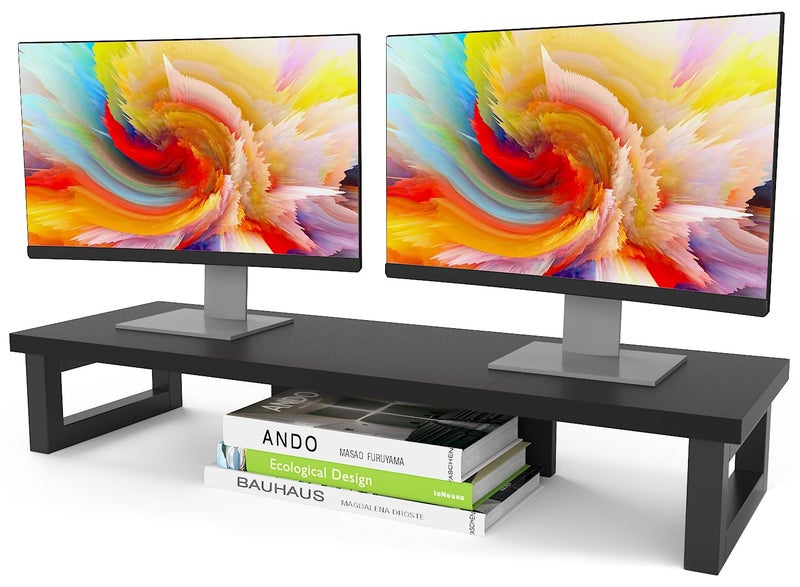 WESTREE Dual Monitor Stand Riser, Wood and Steel Monitor Stand Riser, Computer Monitor Stand for 2 Monitors, Multi-Purpose Desktop Storage Stand for Computer,Laptop,Printer,TV - Image 1