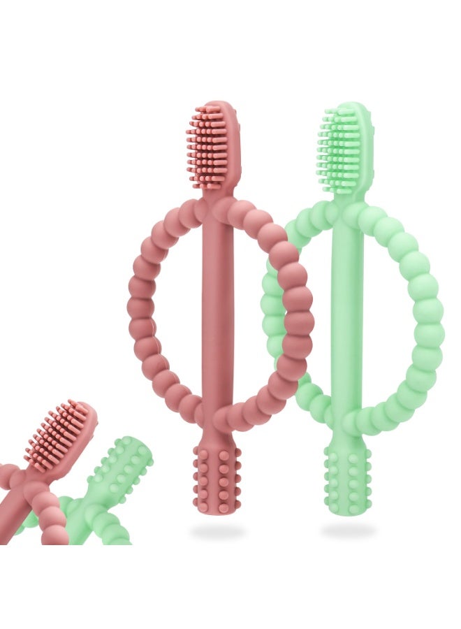 general Baby Teething Toys with Easy-Hold Handle, Silicone Infant Toothbrush, Textured On Both Sides Helps Massage, Soothe Sore Gums, Teething Toys for Babies 0-6 Months, 6-12 Months Bright Green & Caramel - Image 1