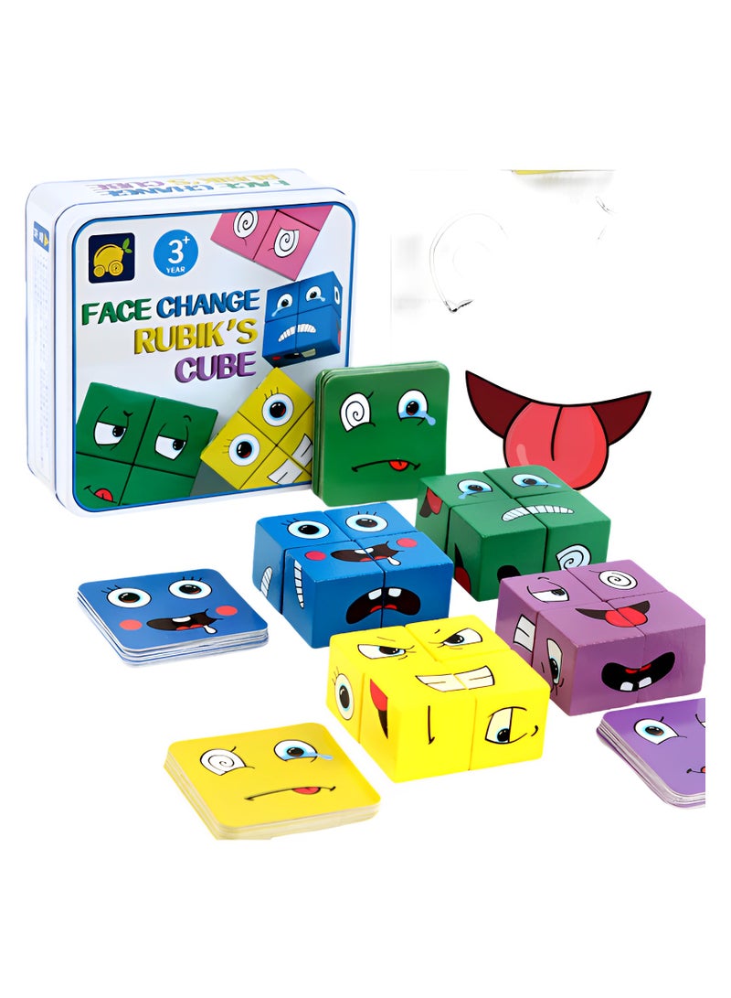 Wooden Cube Puzzle, Face Change Rubiks Cube,  3D Puzzle Face-Changing Magic Cube, Faces Expression Wooden Cube Puzzle  - Image 2
