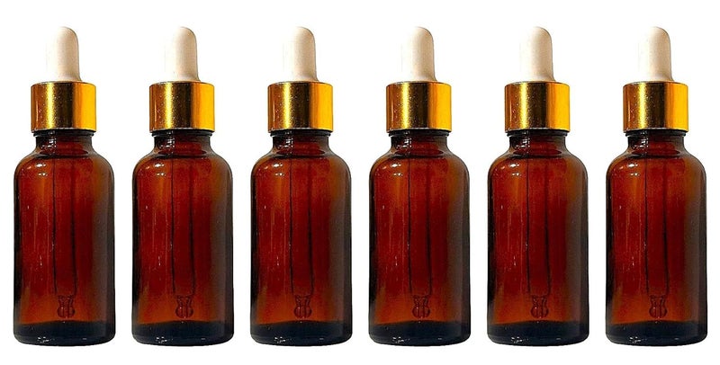 VOW 30 ML Amber Round Empty Glass Bottle Glass Dropper Golden Ring Silicone White Teat Refillable Reusable Leak Proof for Essential Oils PerfumesPack of 6 - Image 1
