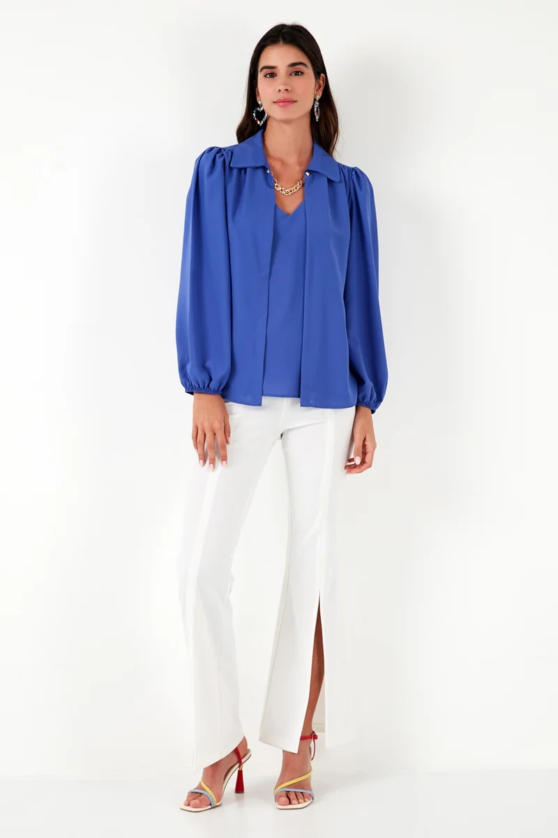 Lela Regular Fit V-Neck Balloon Sleeve Blouse Women's Blouse 611BZ0353