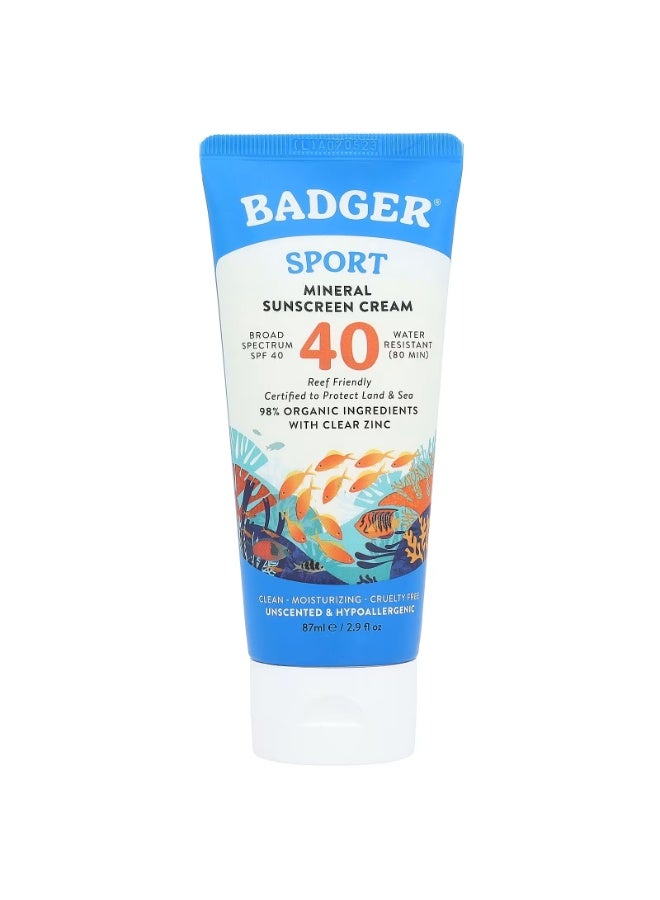 Badger, Sport, Mineral Sunscreen Cream, SPF 40, Unscented, 2.9 fl oz (87 ml)