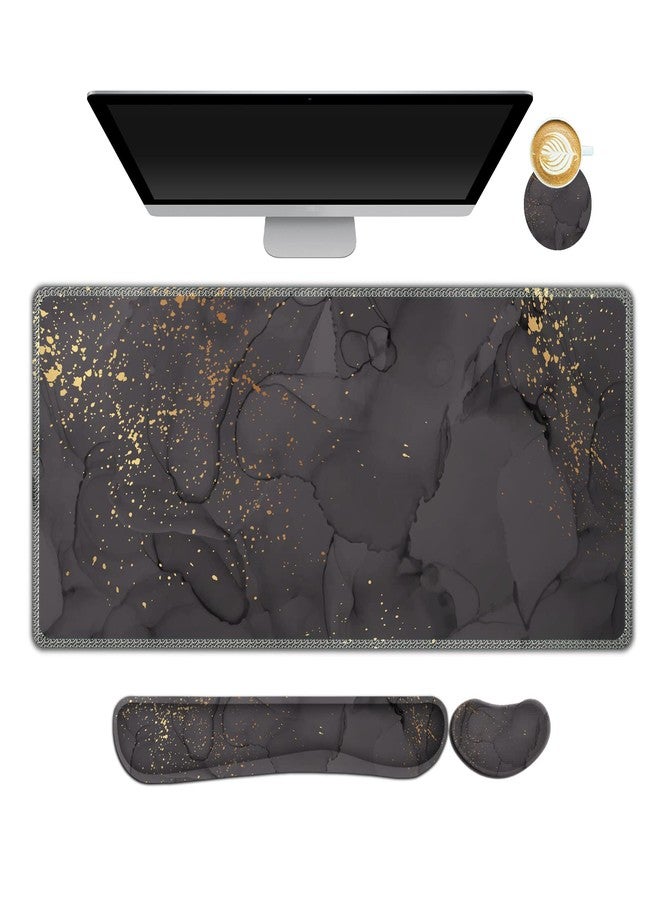 ARTSO Gaming Mouse Pad Wrist Support Set, XXL Large Desk Mat Mousepad + Keyboard Wrist Support+ Mouse Wrist Rest+Coaster 4in1 Ergonomic, Memory Foam, Stitched Edge for Home Office -Black Grey Marble