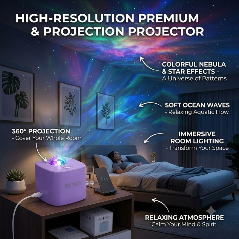 SnuzzleMart LED Starry Sky and Ocean Wave Night Light Projector - Colorful 360° Rotating Nebula Galaxy Lamp with USB Cable - Remote Controlled Mood Lighting for Kids' Bedroom, Parties, and Home Decor - Image 2
