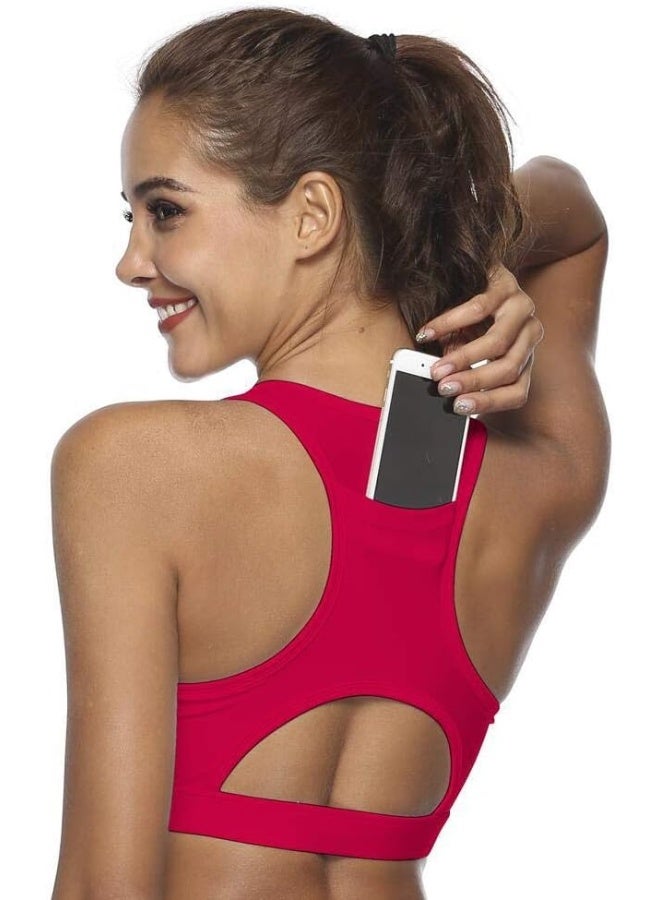 Rubik Sports Bra for Women with Back Pocket, Wirefree High Impact Racerback Quick Dry Removable Padded Seamless Activewear Bra for Running Yoga Gym Workout Fitness (Large) Red - Image 1
