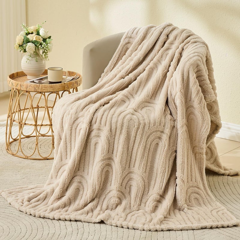 Wajade Fleece Throw Blanket, Fluffy Faux Fur Blanket for Bed Sofa Couch, Soft Warm Thick Blanket,Linen 127x178 - Image 1