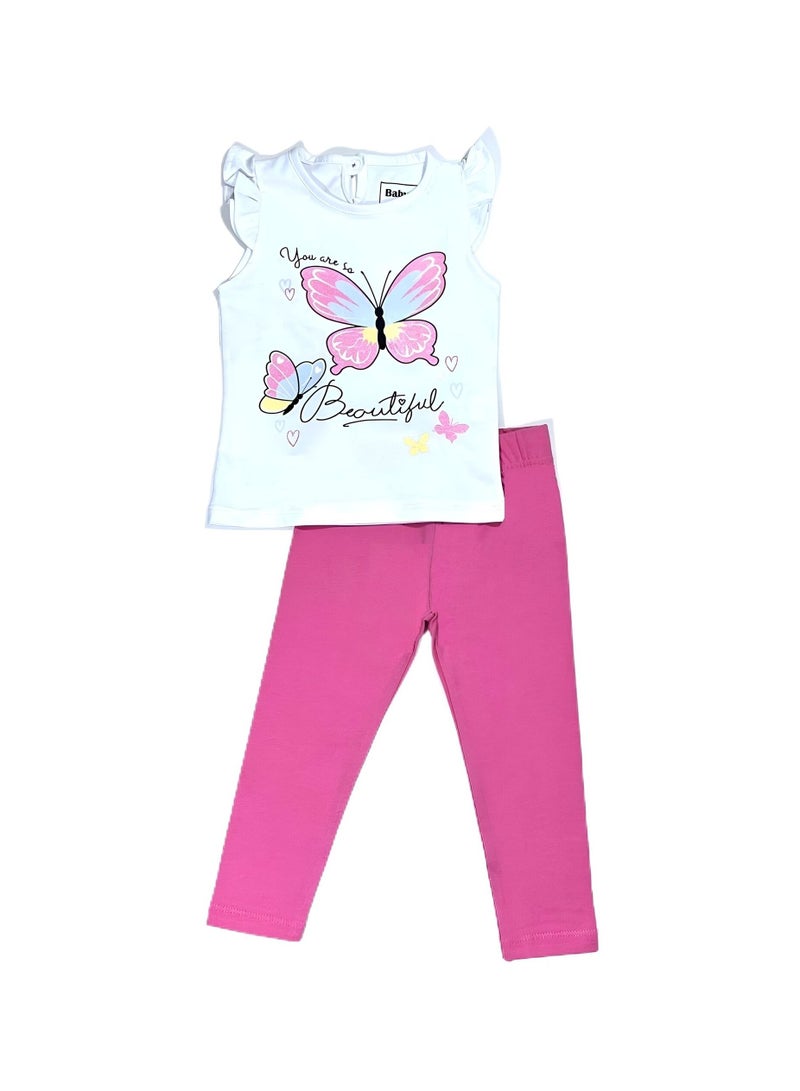 Baby Co. Butterfly cotton set (White t-shirt + Pink leggings)  - Image 1