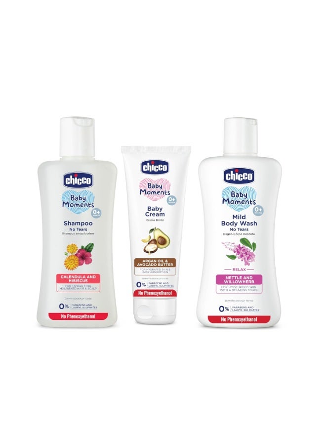Chicco Baby Grooming Trio - Shampoo 200ml, Baby Cream 100g & Mild Bodywash Relax 200ml - Image 1
