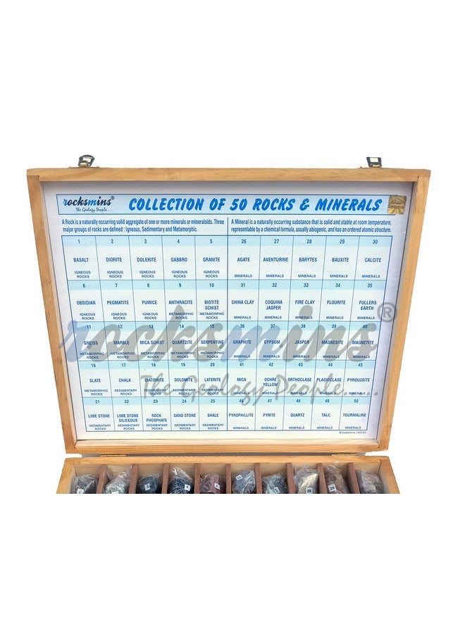 Rocksmins Rocksmins Collection of 50 Rocks & Minerals RM50WB in Wooden Box Set Big 50 Handpicked Rock and Mineral Specimen for Education of Geology Earth Science Kits & ideal Study of Earth Science Stones - Image 1