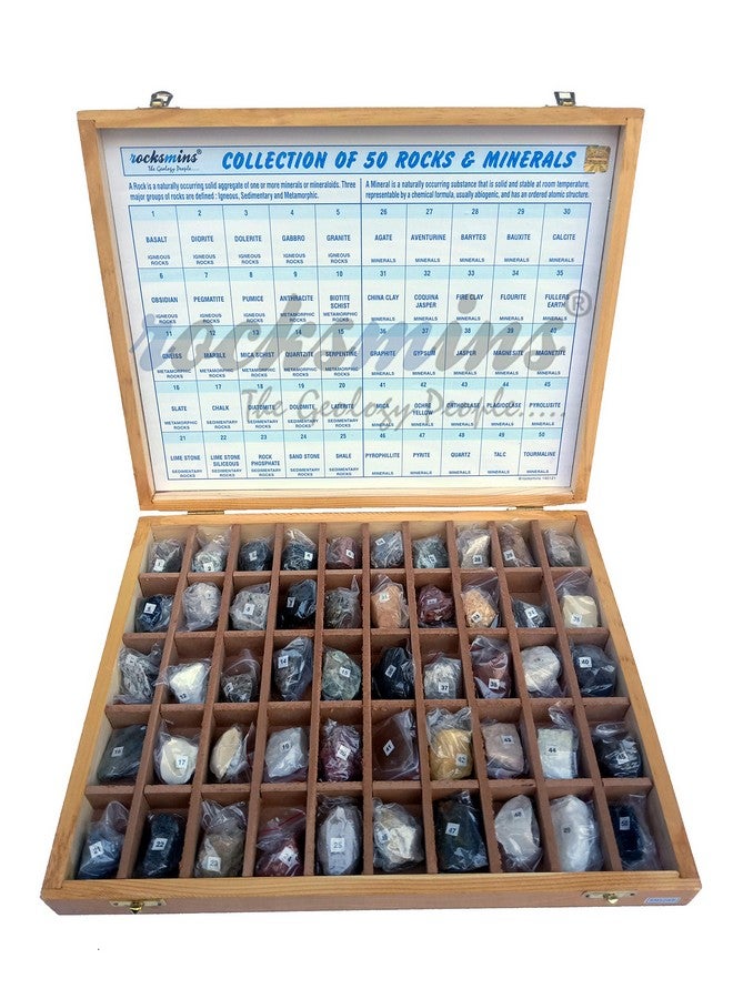 Rocksmins Rocksmins Collection of 50 Rocks & Minerals RM50WB in Wooden Box Set Big 50 Handpicked Rock and Mineral Specimen for Education of Geology Earth Science Kits & ideal Study of Earth Science Stones - Image 3