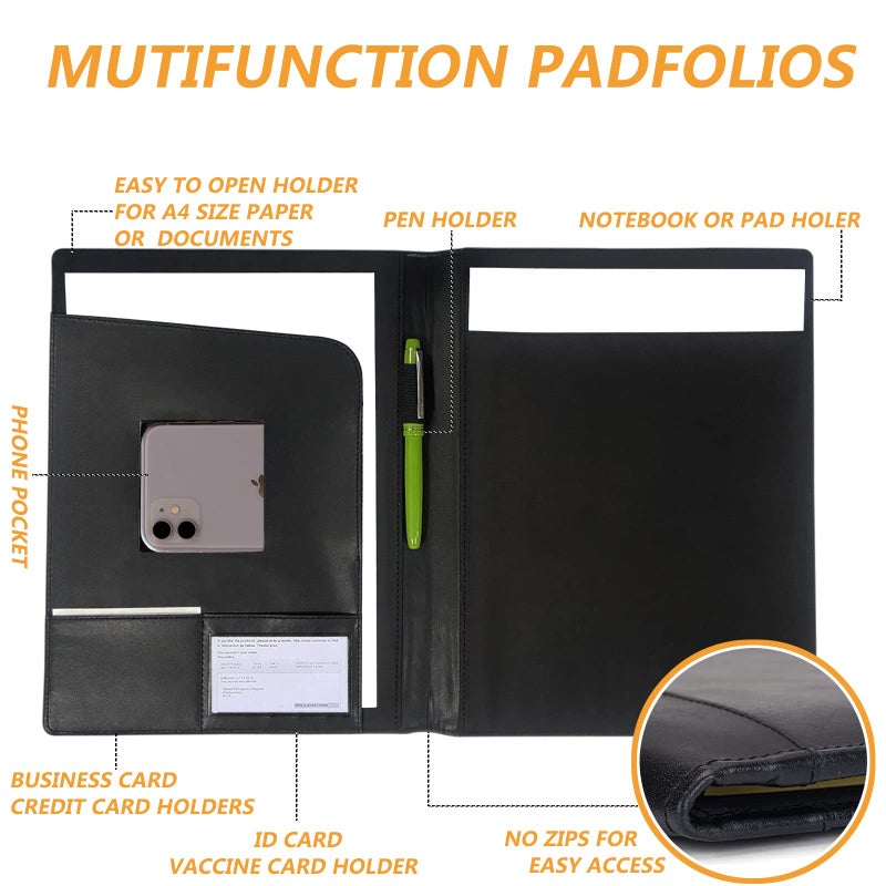 Leather Portfolio Folder Padfolio, Business Padfolio Organizer Document Planner Portfolio Binder Storage Pocket for Legal Pad Holder Paperwork Phone Men Women (Black) - Image 3