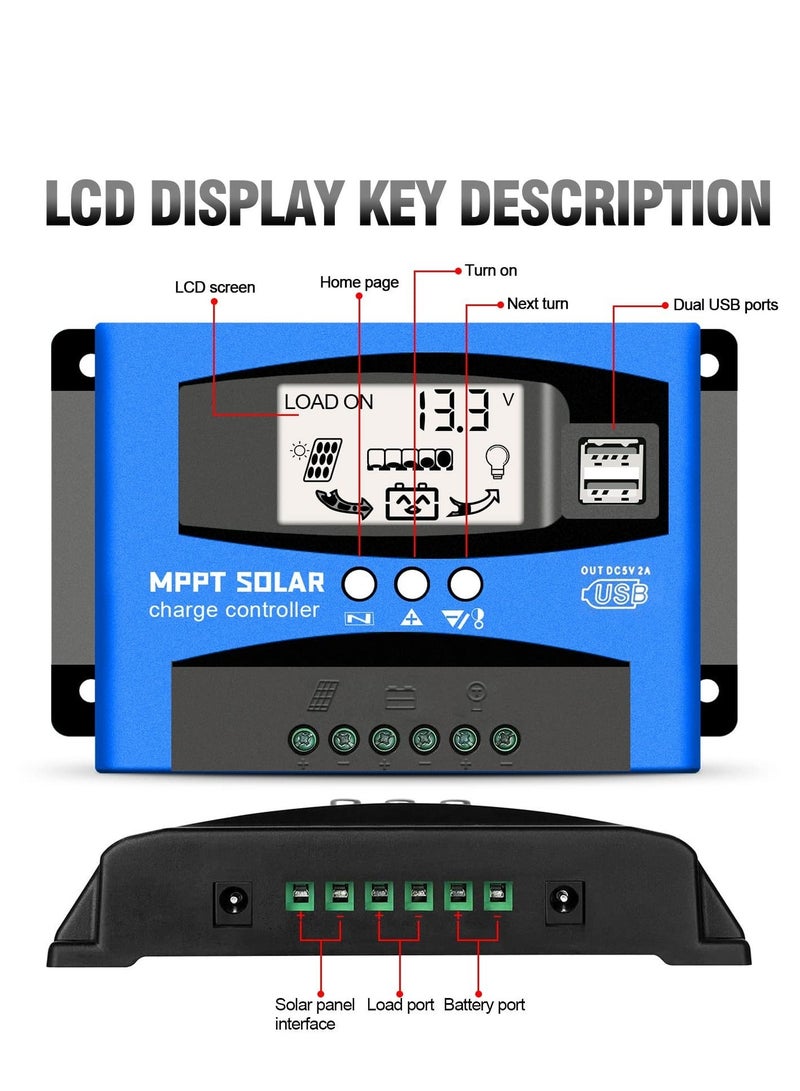 وحدة تحكم شحن الطاقة الشمسية MPPT 60A، وحدة تحكم شحن منظم الطاقة الشمسية، مع شاشة LCD، أوضاع تحكم متعددة في الحمل بمنفذ USB مزدوج، تركيز تلقائي للتيار 12 فولت/24 فولت، شحن تتبع MPPT - Image 5
