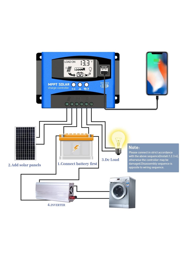 وحدة تحكم شحن الطاقة الشمسية MPPT 60A، وحدة تحكم شحن منظم الطاقة الشمسية، مع شاشة LCD، أوضاع تحكم متعددة في الحمل بمنفذ USB مزدوج، تركيز تلقائي للتيار 12 فولت/24 فولت، شحن تتبع MPPT - Image 3
