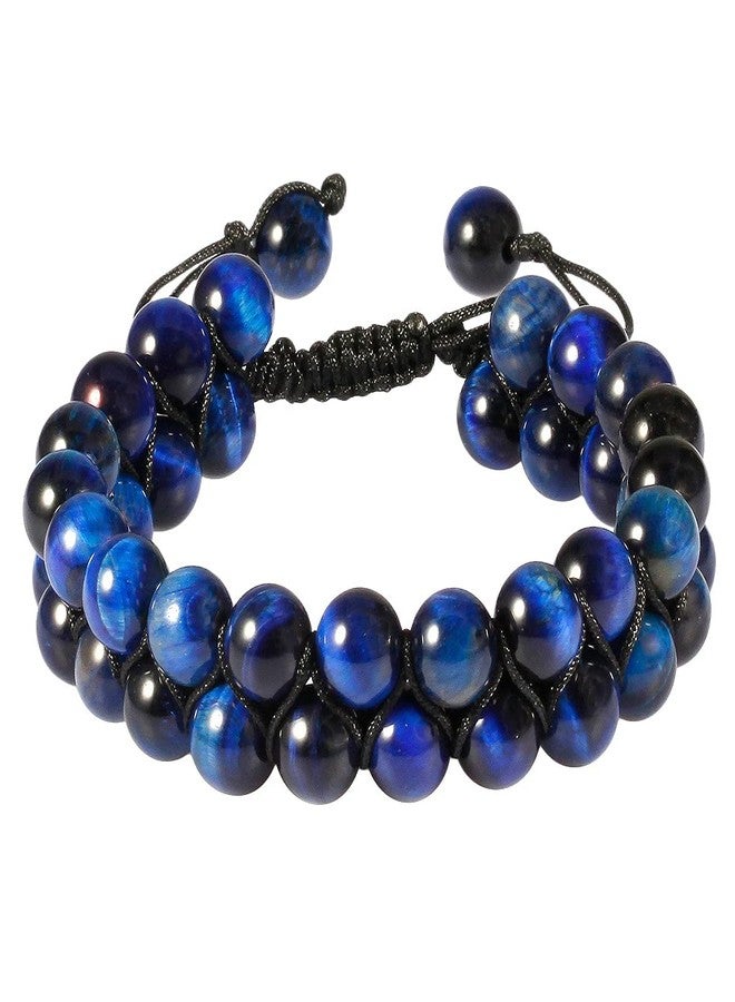 SUNYIK 8mm Round Blue Tiger's Eye Stone Adjustable Bracelet for Unisex, Double Layers Beads Macrame Friendship Bracelets, 7"-10" Strand - Image 1
