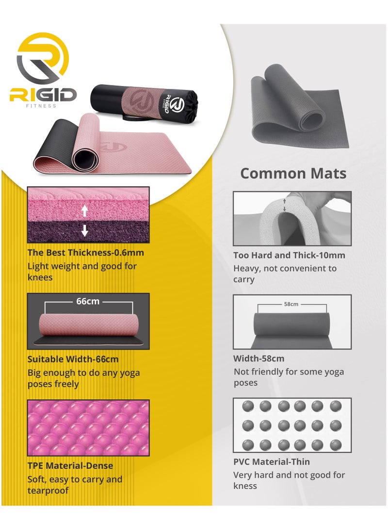 Nariele 6mm Anti-Slip TPE Yoga Mat with Strap, Bag - Knee Support, Non-Slip, Lightweight for Yoga, Pilates, Fitness, Home Workouts 183*66 cm (Pink/Black) - Image 2