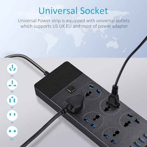 Jumpso Universal Power Adapter, Jumpso 3000w Power Strip with 4 USB Ports (1 USB C), 6ft Extension Cord with International Outlets, 110-240v, European Travel Plug Adapter for Home Office Travel, Black - Image 3