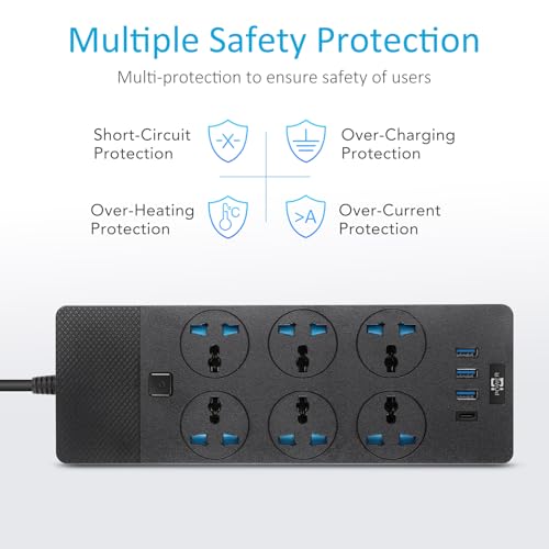 Jumpso Universal Power Adapter, Jumpso 3000w Power Strip with 4 USB Ports (1 USB C), 6ft Extension Cord with International Outlets, 110-240v, European Travel Plug Adapter for Home Office Travel, Black - Image 4