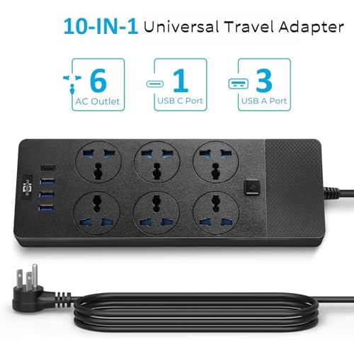 Jumpso Universal Power Adapter, Jumpso 3000w Power Strip with 4 USB Ports (1 USB C), 6ft Extension Cord with International Outlets, 110-240v, European Travel Plug Adapter for Home Office Travel, Black - Image 2