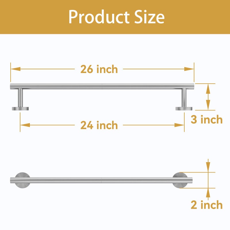Bubxo Brushed Nickel Towel Bar, 24 Inch Bathroom Towel Rack, Towel Holder Wall Mounted, Thicken SUS304 Stainless Steel Towel Rod Modern Home Decor (Total Length 26 Inch) - Image 2