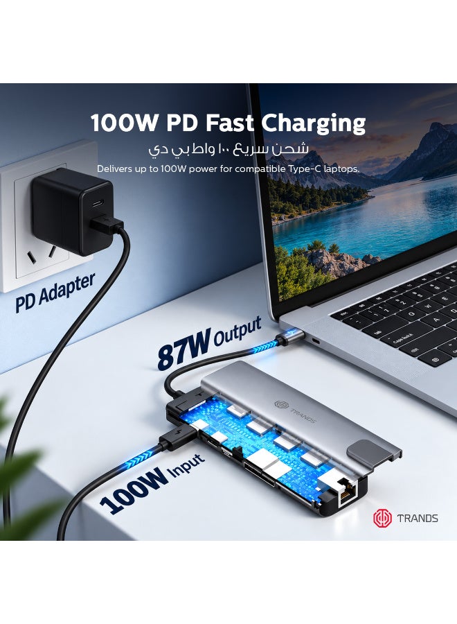 TRANDS 9-in-1 USB-C Hub Multiport Adapter - 100W PD Fast Charging, 4K Ultra HD HDMI, Gigabit Ethernet, 3 USB Ports, SD/Micro SD Readers, Premium Gunmetal Aluminum - Grey - Image 5