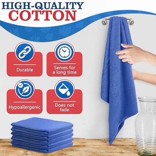 Reluen Cotton Blue Shop Towels 12 Pack – 24"x16.5" Large Cotton Rags for Cleaning, Reusable Cloths for Kitchen, Bar, Garage, Housekeeping | Surgical Rags Bulk Absorbent Dish Towels for Wiping & Polishing - Image 3