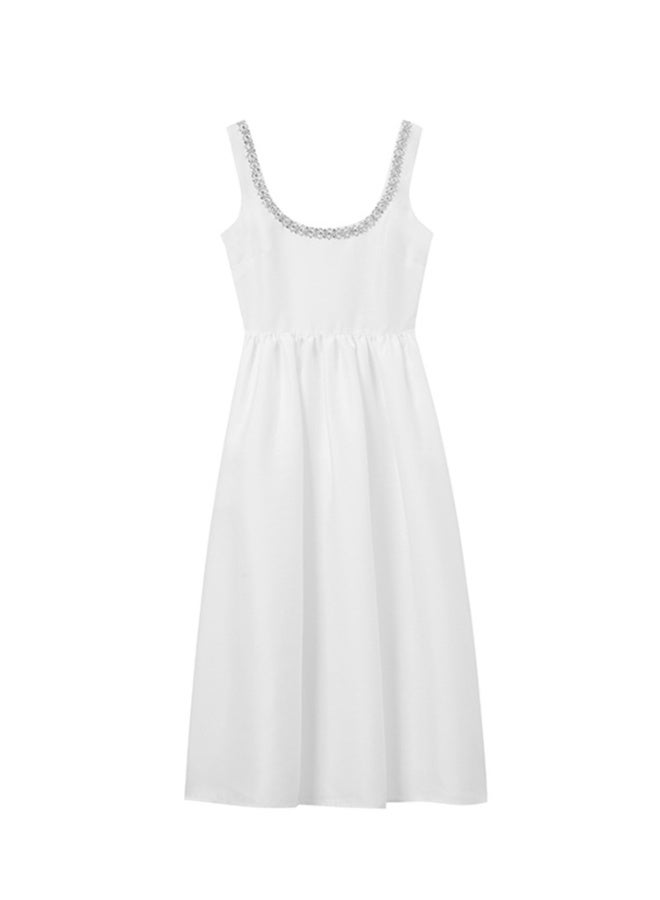 Madam Uniq Elegant White Gemstone-Embellished Party Dress with Spaghetti Straps - Image 4