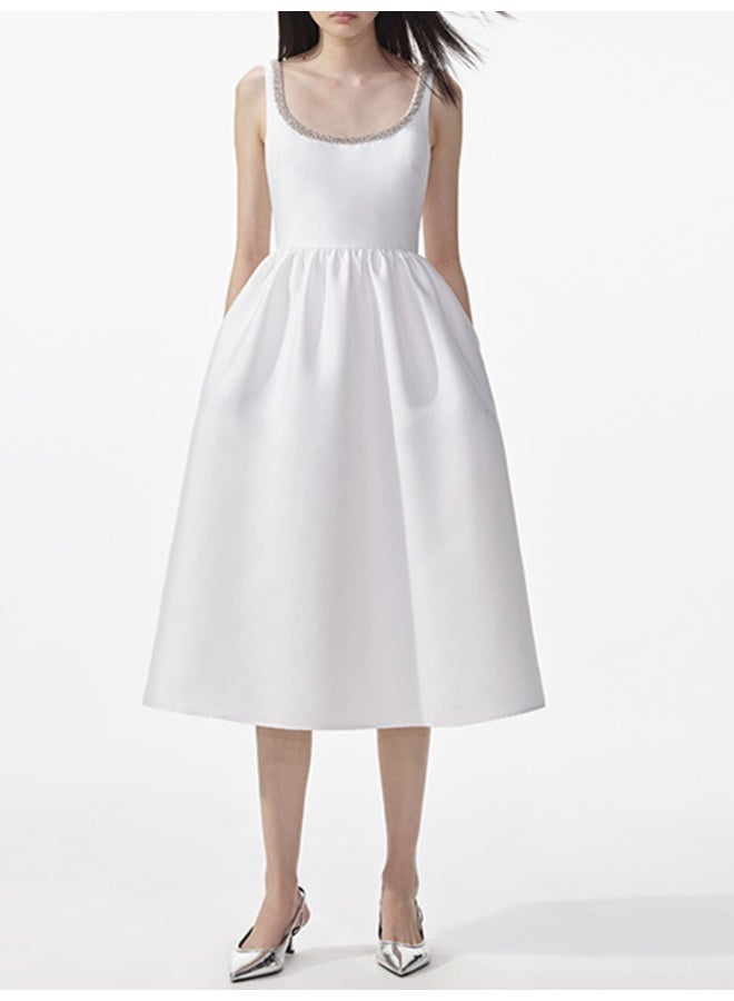 Madam Uniq Elegant White Gemstone-Embellished Party Dress with Spaghetti Straps - Image 1