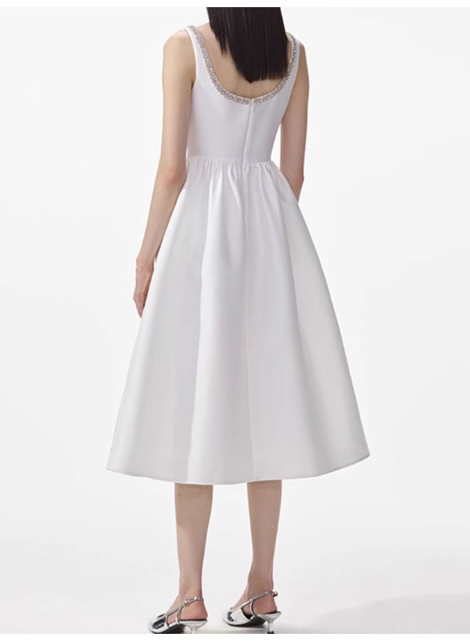 Madam Uniq Elegant White Gemstone-Embellished Party Dress with Spaghetti Straps - Image 2