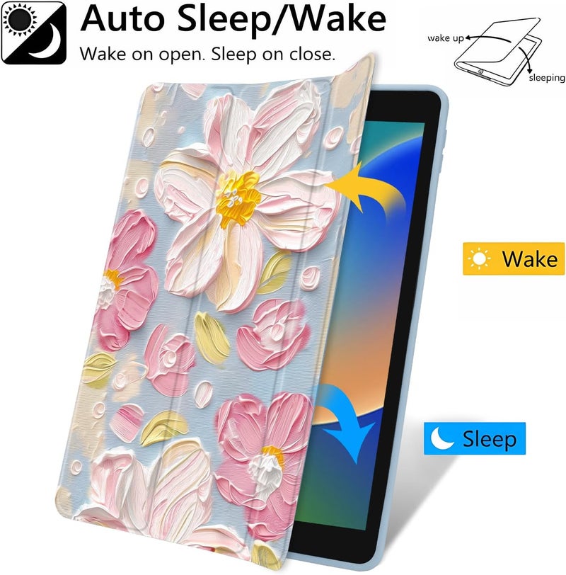 JOYLAND غلاف برسم زهور نسيجية باللون الأزرق الفاتح لـ iPad Pro مقاس 12.9 بوصة الجيل السادس/الخامس/الرابع/الثالث (2022/2021/2020/2018)، غلاف لوحي صلب خلفي شفاف من الأكريليك مع حامل قلم ووقاية ثلاثية الطيات - Image 3