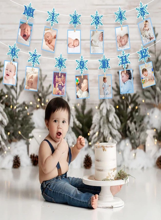 Aukolass Snowflake 1st Birthday Photo Banner for Boy from Newborn to 12 Months, Winter Wonderland Monthly Milestones Bunting Garland for Christmas First Birthday Party Decoration (Blue) - Image 5