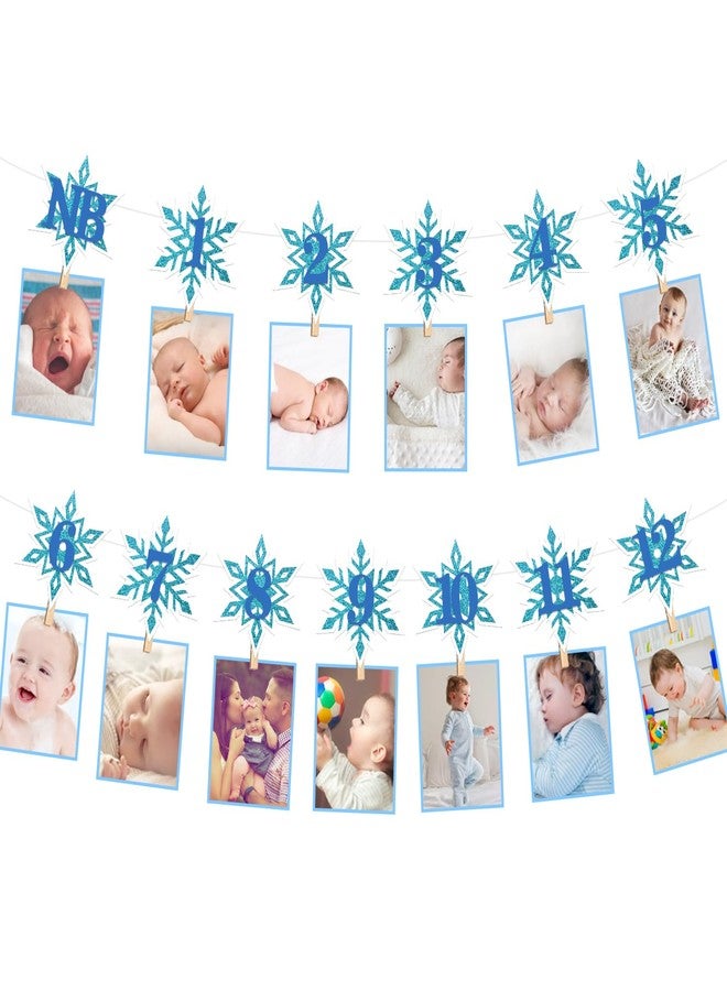 Aukolass Snowflake 1st Birthday Photo Banner for Boy from Newborn to 12 Months, Winter Wonderland Monthly Milestones Bunting Garland for Christmas First Birthday Party Decoration (Blue) - Image 1